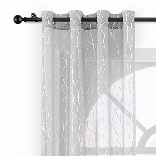 Kotile - 2 Cortinas semitransparentes Plateadas de Gasa, Dibujo artístico de Ramas de árbol Plateadas Metalizadas, con Ojales, 213 cm de Largo, filtran la luz, privacidad, 132 x 213 cm, Gris