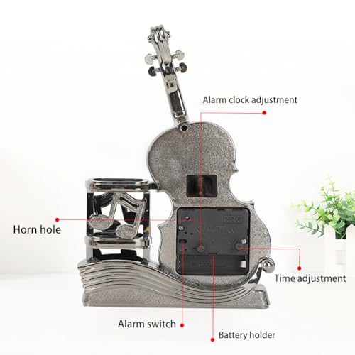 Pencil Holder, Office Supply Pen Organizer Desktop Decoration Stand Container Classic Violin Clock with Pen Holder Musical Instrument Desktop Organizer Creative Desk Decoration, Silver Violin - Thumbnail 4