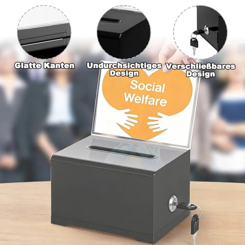 Empfohlene Box, Spendenbox Abschließbar, Acrylspendenbox, mit Schwarzem Schlüssel, Verdicktes Acryl, Spendenbox Abschließbar, für Kommentare, Stimmzettel und Papierspenden, Schwarz