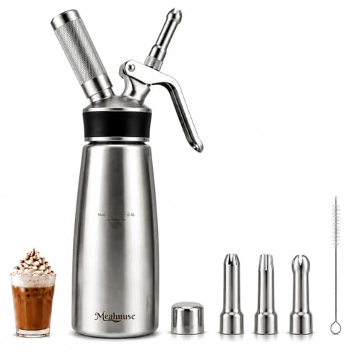Professional 304 Stainless Steel Whipped Cream Dispenser 1 Pint/500ml Heavy Duty Cream Whipper with All-Stainless Steel Nozzles for Coffee Cold Foam Desserts & Nitro Brew at Home Professional Use