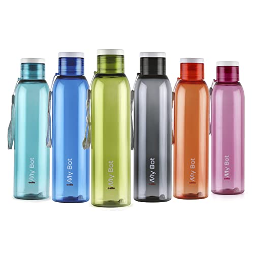 CELLO My Bot PET Water Bottle | 100% food grade | Leak proof and Break proof | Perfect for staying hydrated at the school,college, work, gym Bottle | 1000ml, Set of 6 | Assorted