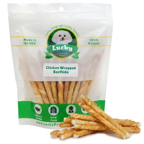 Chicken Wrapped Rawhide Dog Treats – 40ct. Rawhide Chew Sticks – Long Lasting Chews for Small Dogs Made in The USA with Natural Chicken and Beef Hide
