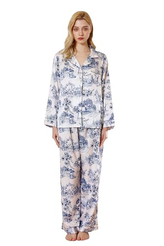 Image of YiNi LuLu Womens Silk Satin Pajamas Set Button Down 2 Piece Pjs Long Sleeve Oversized Sleepwear with Pockets