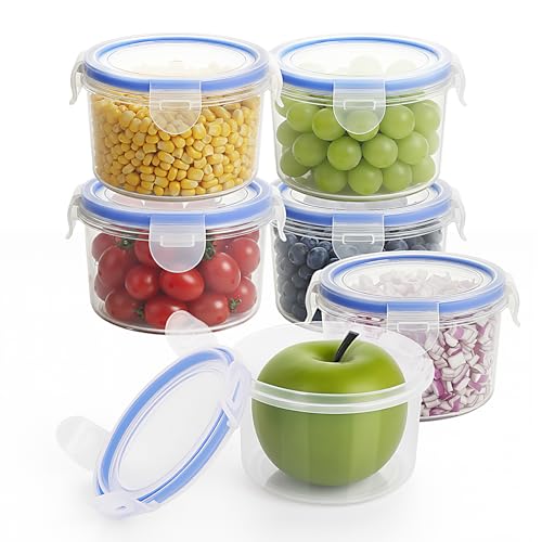 6 Pack Food Containers 300ml Round Leak-Proof Food Containers with Lids Plastic Reusable Small Fruit Pots with Lids for Yoghurt Fruit & Snacks (Transparent)
