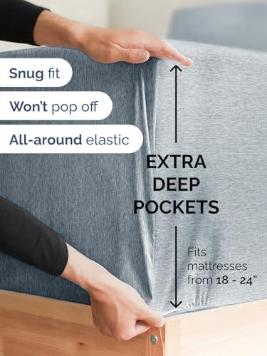 Image of Extra Deep Cal King Fitted Sheet - Single Fitted Sheet - Heathered Blue | Easily Fits 18 inch to 24 inch Mattress, Soft, Wrinkle Free, Breathable & Comfy, Extra Deep Pockets Hotel Luxury Fitted Sheet