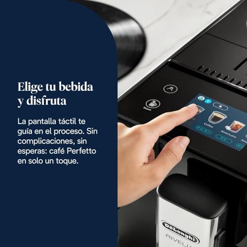 Miniatura 9 de De Longhi Rivelia Exam440.35.B, Cafetera Superautomática Con Espumador De Leche Manual, Tamaño Compacto, 8 Recetas, Pantalla Táctil A Color, Negro Ónix