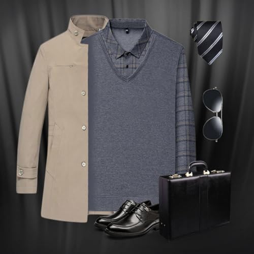 Men's Faux Two Piece Lapel Long-Sleeve Tops, Striped Lapel Fake 2-Piece Knitted Shirt, Fake Two Piece Shirt3