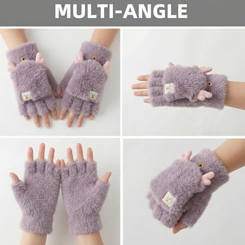 Image of Kraptick Women's Cute Reindeer Plush Convertible Fingerless Gloves - Winter Warm Fluffy Flip-Top Mittens - Korean Style Soft Hand Warmers for Girls & Ladies (Free Size, White)-3