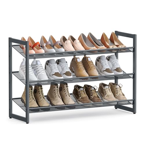 SONGMICS Shoe Rack, 3-Tier Shoe Organizer, Metal Shoe Storage for Garage, Stackable Shoe Shelf, with Adjustable Flat or Angled Shelves, 9-12 Pairs, Charcoal Gray ULMR03GB Charcoal Gray 3 Tie