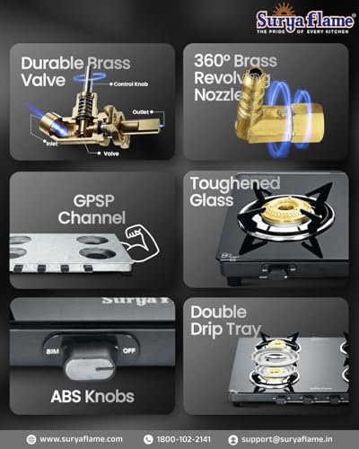 Image of Surya Flame Creta Series LPG 4 Burner Gas Stove | Brass Burners with Jumbo Option | Toughened Glass Top, Removable Drip Tray, Manual Ignition, 69%+ Efficiency, ISI Certified, 2-Year Warranty