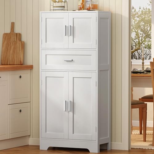 Image of TEENFON Bathroom Storage Cabinet with Adjustable Shelf & Large Drawer | Tall Storage Cabinet with 4 Doors, Kitchen Pantry Storage Cabinets, for Living Room, Dining Room, Entryway, White