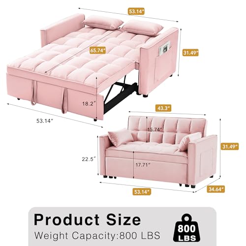 Wakefit 3 in 1 Convertible Sleeper Sofa Bed, Futon Couches for Living Room with Side Pocket | Adjustable Backrest| Velvet Fabric | Pull Out Couch | Recliner Loveseat | Sectional Sofa, Pink