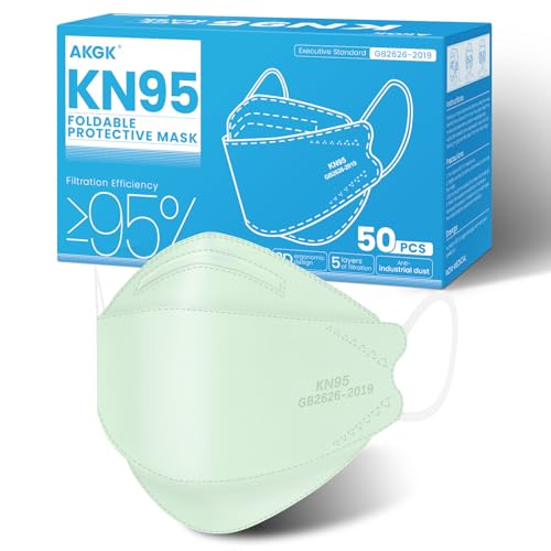 akgk KN95 Face Masks 50 Pack, 5-Ply Disposable Mint Green Face Mask Against PM 2.5 Smoke and Dust