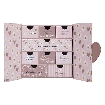 Coffret de naissance souvenirs cœurs 9 tiroirs - Rose