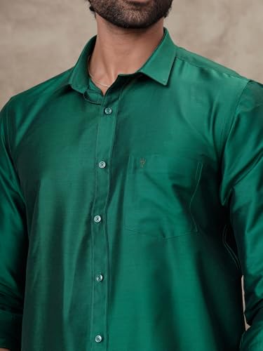 Image of RAMRAJ COTTON Men Parsley Green Silk Cotton Full Sleeves Shirt With Matching Border Tissue Dhoti Set CCB Fortune-SMC3