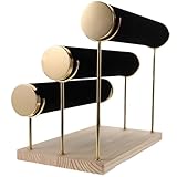 Yardwe Expositor Organizador de Joyas Base de Madera Negra y Columnas Doradas, Diseño Desmontable de 3 Niveles para Almacenamiento de Pulseras y Relojes en Casa o Tienda