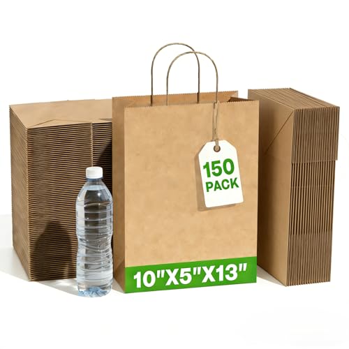 Image of Simple Deluxe Value Pack of 150 Kraft Paper Bags with Handles (10x5x13 Inch) - Made in USA from 90GSM 100% Recycled Paper for Retail, Bulk Savings for Retail, Stores & Gift Packaging