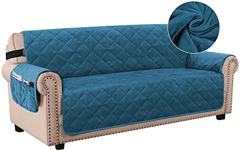 H.VERSAILTEX Thick Velvet Sofa Cover Couch Cover for 3 Cushion Cover Washable Furniture Protector for Dogs Non-Slip Sofa Slipcover with Elastic Strap Fit Sitting Width Up to 70"(Sofa, Peacock Blue)