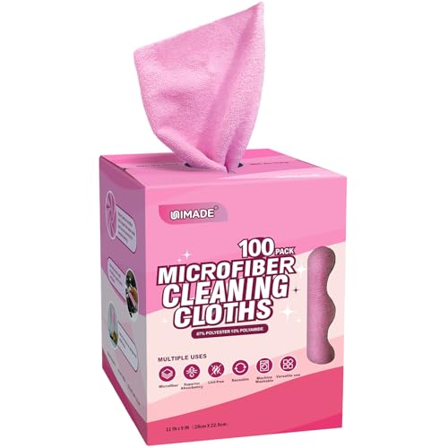UNIMADE Microfiber Cleaning Cloth 100 Sheets Microfiber Towels for Cars Commercial Grade Washcloths Lint-Free Bulk Shop Towel Cleaning Rags for Household Restaurant Garage Housekeeping 11x 9 Pink