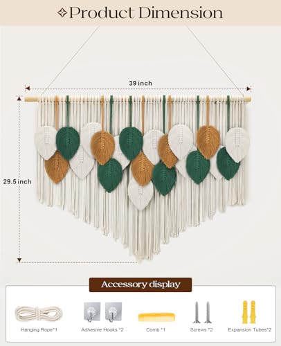 Tempospark Large Macrame Wall Hanging, 39" Wx29 L Boho Wall Hanging, Boho Chic Leaves Tassels Tapestry for Bedroom, Living Room, Dining Room, Nursery, Hallway, Balcony - image 5