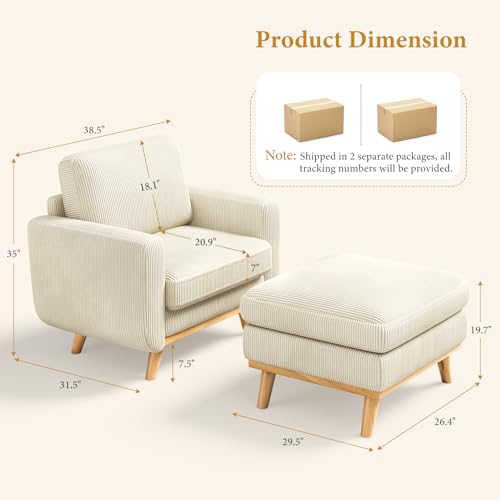 Image of Vesgantti 38.5 inch Accent Chair with Movable Ottoman, Comfy Corduroy Armchair with Spring Cushion, Reading Chair with Ottoman, Modern Single Sofa for Living Room, Bedroom and Apartment, Beige