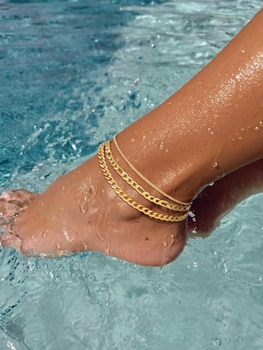 Image of FindChic Black /Silver /Gold Plated Anklets Set of 2PCS /3PCS Herringbone Chain Cuban Link Heart Charm Sparkling Tennis Ankle Bracelets, Waterproof Summer Foot Jewelry for Beach