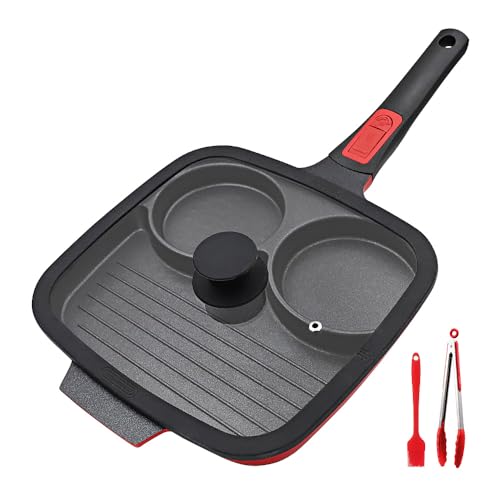 Image of Bobikuke Fried Egg Pan, 10” Divided Grill Pan with Lid, 3 Section Egg Skillet with Detachable Handle, Nonstick Omelette Pan for Breakfast, Induction compatible