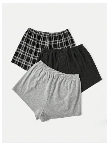 WDIRARA Women's 3 Pack Plaid Letter Graphic Pajama Shorts Elastic Waist Pj Lounge Shorts2