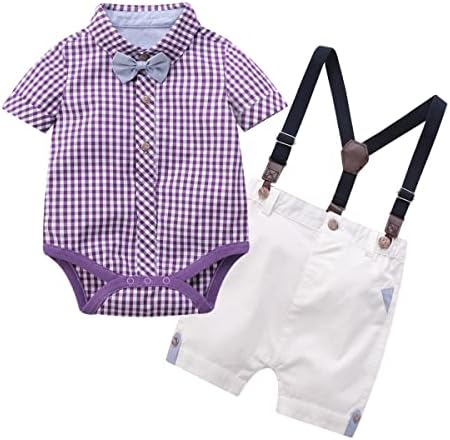 TiePant Baby Boy Shorts Set Infant Formal Suits Outfits Purple Plaid Polo Romper Shirt + White Suspender Bib Pants + Bow Tie Clothes Set 6-9M