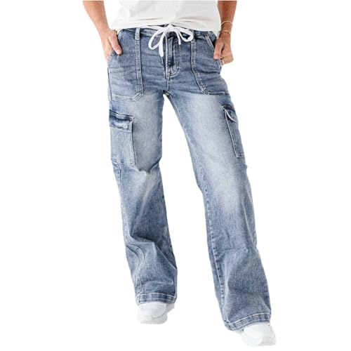 Womens Cargo Jeans Straight Leg Baggy High Waisted Jeans Casual Denim Cargo Pants Trendy Y2k Streetwear Trousers