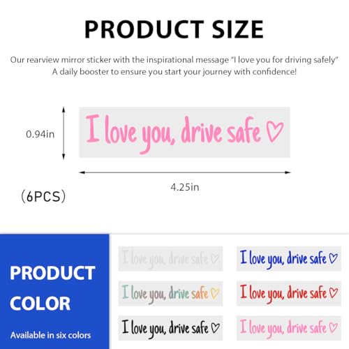 Image of Wevdn 6 PCS I Love You Drive Safe Sticker, Funny Waterproof Car Rearview Mirror Decal with Heart, Self Affirmations Sticker with Drive Safe Letters for Car Window Bumper Women Gift (Pink)