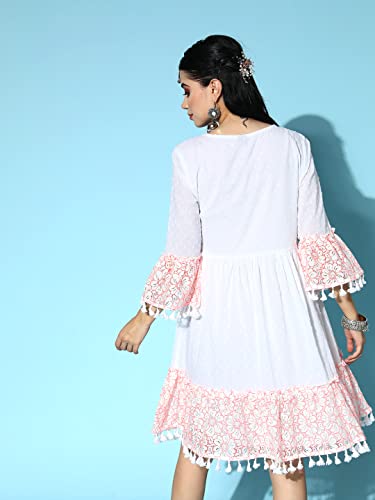 Image of ishin Women's Cotton Embroidered A-Line Knee Length Dress
