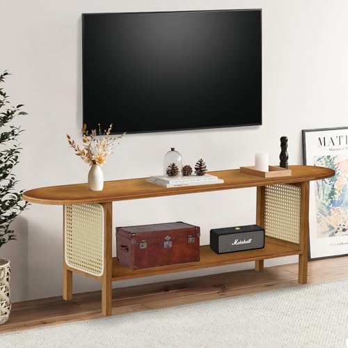 Mordchil HF Bamboo TV Stand for TVs up to 65", Accent Entertainment Center with Storage, Media Console Table with Rattan, Modern TV Stand for Living Room, Bedroom, 55"(L), Walnut