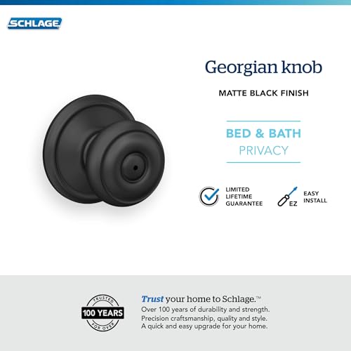 Image of Schlage F40 GEO 622 Georgian Door Knob, Bed & Bath Privacy Lock, Matte Black