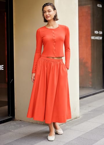 Image of Panadila Womens 2 Piece Lounge Sets Matching Vacation Outfits Ribbed Button Down Cardigan and Elastic Waist Skirt Sets