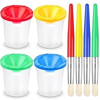 RNKP 4 Piece Children's No Spill Paint Cups with Colored Lids and 4 Piece Large Round Brush Set with Plastic Handles