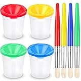 RNKP 4 Piece Children's No Spill Paint Cups with Colored Lids and 4 Piece Large Round Brush Set with Plastic Handles