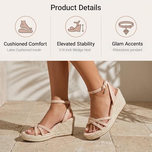 Image of Dressy Open Toe Sandals Platform Wedge Sandals with Cushioned Insole and Ankle Strap Buckle,Strappy Espadrille Wedge Sandals for Women Comfortable Summer