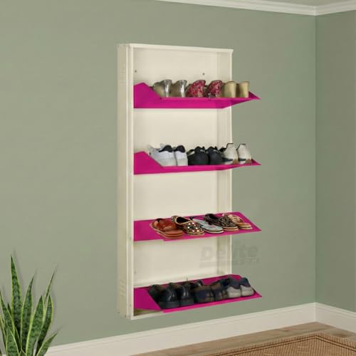 Image of DELITE KOM 24 Inch Wide, 4 Shelf Metal Shoe Rack Wall Mounted for Home with Central Lock Holds Upto 12 Shoes or 20 Slippers Pair | 1 Year Warranty | (54 x 24 x 5 Inch, Ivory Pink) DIY Space Saving