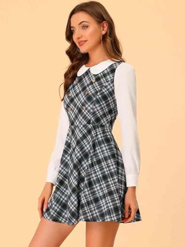 Image of Allegra K Women's Peter Pan Collar Contrast Color Button Decor A-Line Preppy Plaid Mini Dress