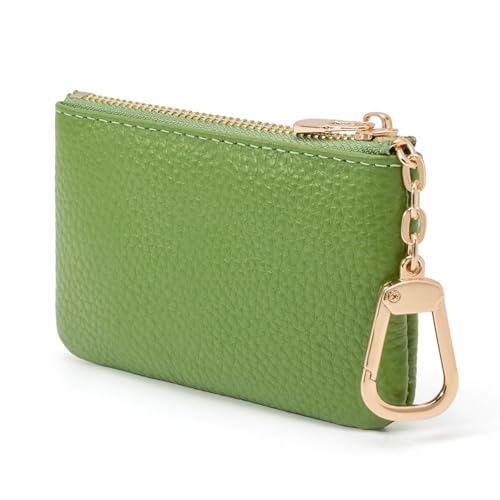 Image of Full Grain Leather Coin Purse with Key Chain - Small Change Purse Keychain Card Holder Keychain Pouch Small Keychain Wallet for Women and Men (Grass Green)