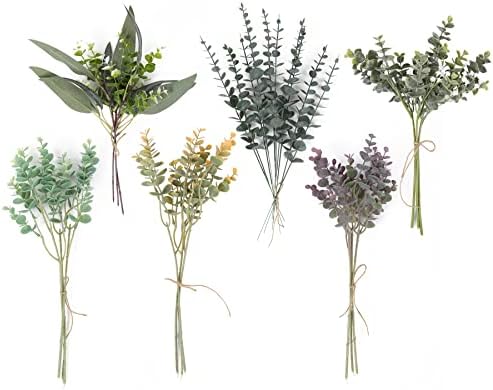 Artificial Eucalyptus 25PCS with 6 Kinds of Greenery Stems for Flower Arrangements Artificial Greenery Spray Box Set for Eucalyptus Bunch for Wedding Bouquet Table Centerpieces and Floral Arrangement