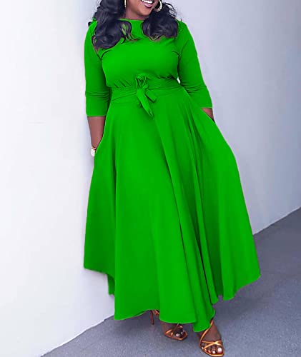 Image of SEMATOMALA Women's A Line Self Tie Waist Maxi Dress Round Neck Long Sleeve High Waist Plus Size Swing Flare Long Dresses