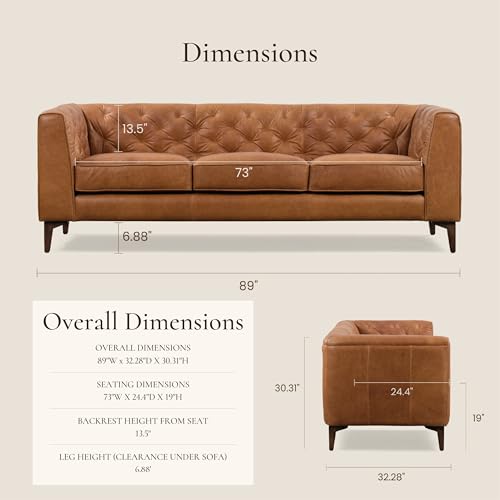 Image of POLY & BARK Essex 89 inch Full-Grain Italian Leather Sofa - Tufted Back, Feather-Down Comfort, Solid Wood Frame, Cognac Tan