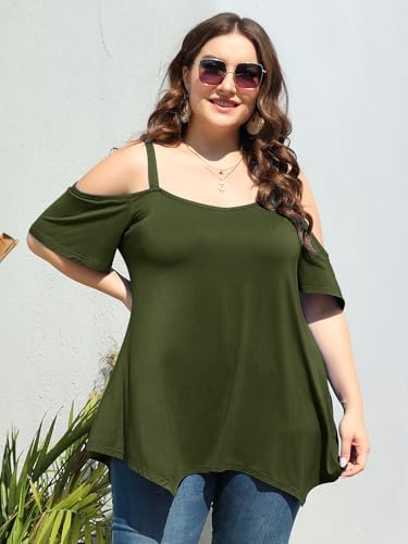 Image of LARACE Cold Shoulder Tops for Womens Summer Clothes Spaghetti Strape Tunic Oversized Shirts Asymmetrical Plus Size Blouse