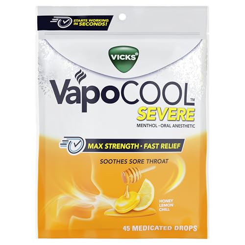 Vicks VapoCool Severe Medicated Sore Throat Drops, Max Strength Menthol, Soothes Sore Throat Pain, Honey Lemon Flavor, 45ct