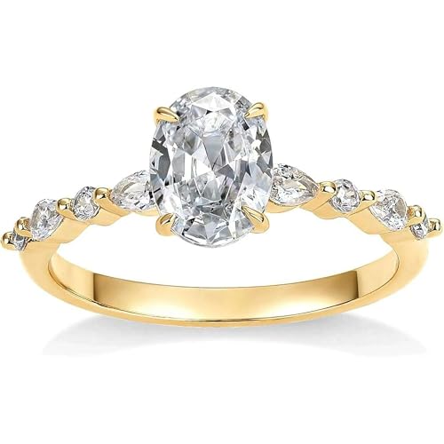 14K Yellow Gold Plated Oval Cut Moissanite Engagement Ring – Dainty Solitaire Ring with Side Stones for Women, Anniversary Promise Ring