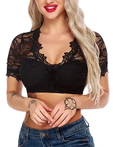 Parabler Damen Dirndlbluse Spitze Dirndl Bluse Schwarz Trachten Bluse Kurzarm/Halbarm ,S Cover