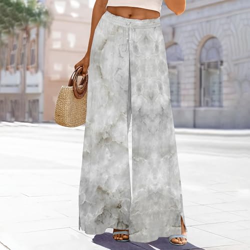 Women's Summer Casual High Waist Adjustable Drawstring Wide Leg Pants Print Palazzo Pants Beach Trousers with Pockets2