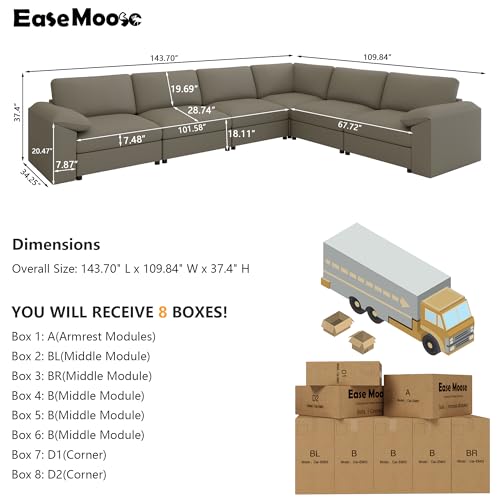 Image of EASE MOOSE Leather Sectional Couch, Oversized Modular Sectional Sofas, Wide Deep Seat Modular Couch, Scratch Resistant Faux Leather Material, L Shaped Sofa for Big Spaces, Light Grey